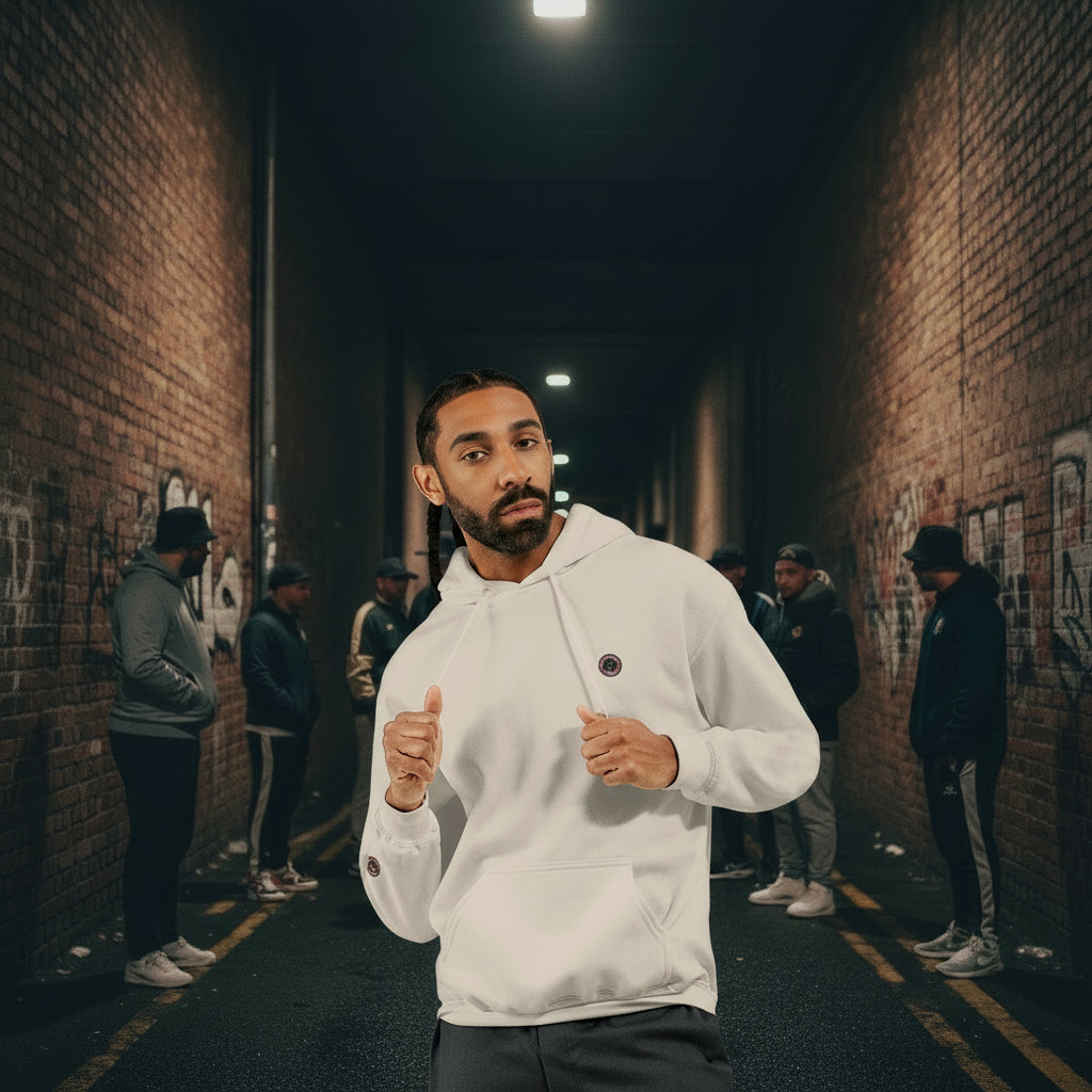 Man wearing a beige hoodie with a logo for the brand get carried away clothing on a street and casual football supporters  in the background