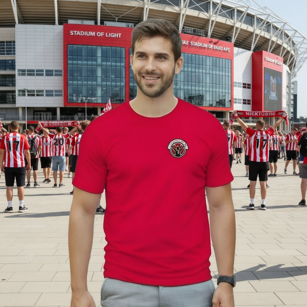 Man wearing a red t-shirt with a logo of lets get carried away man outside of a football stadium with sunderland afc fans