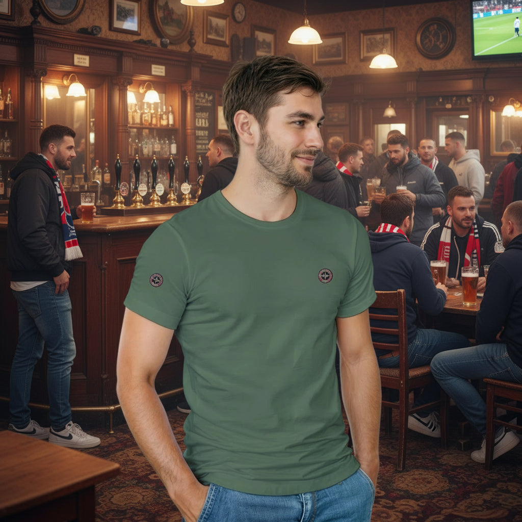 football supporter in casual wear with brand logo o get carried away clothing with a pub background and football fans